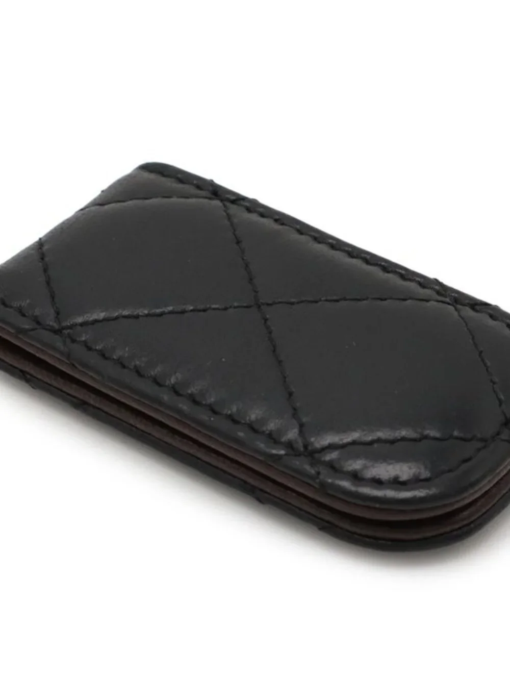 Chanel Quilted Coco Mark Money Clip Billfold Bill Lambskin Leather Black